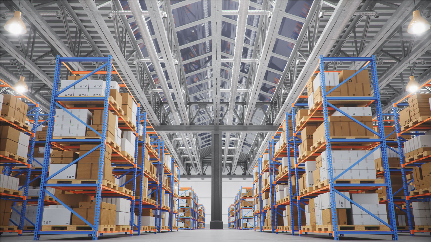 a huge warehouse housing cardboard boxes on pallets